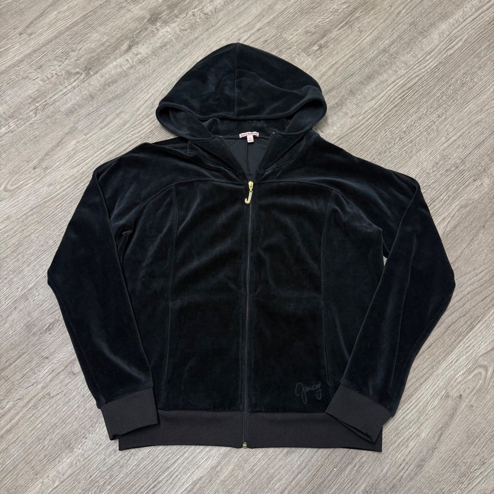 Juicy‎ Couture Y2K Womens Black Velour Zip Up Hoodie Rhinestone J Pull Large